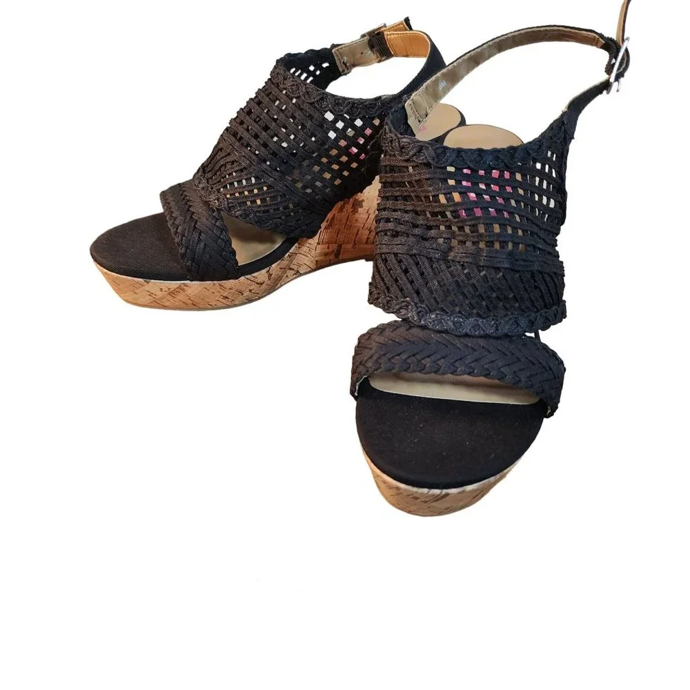 Womens Black Wedge Sandals Cork‎ Heel Woven Braided Open Toe